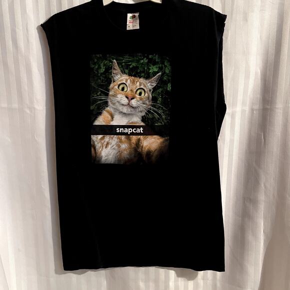 Snapcat T-shirt Men's Medium Fruit of the loom black with cat sleeveless - Picture 2 of 6